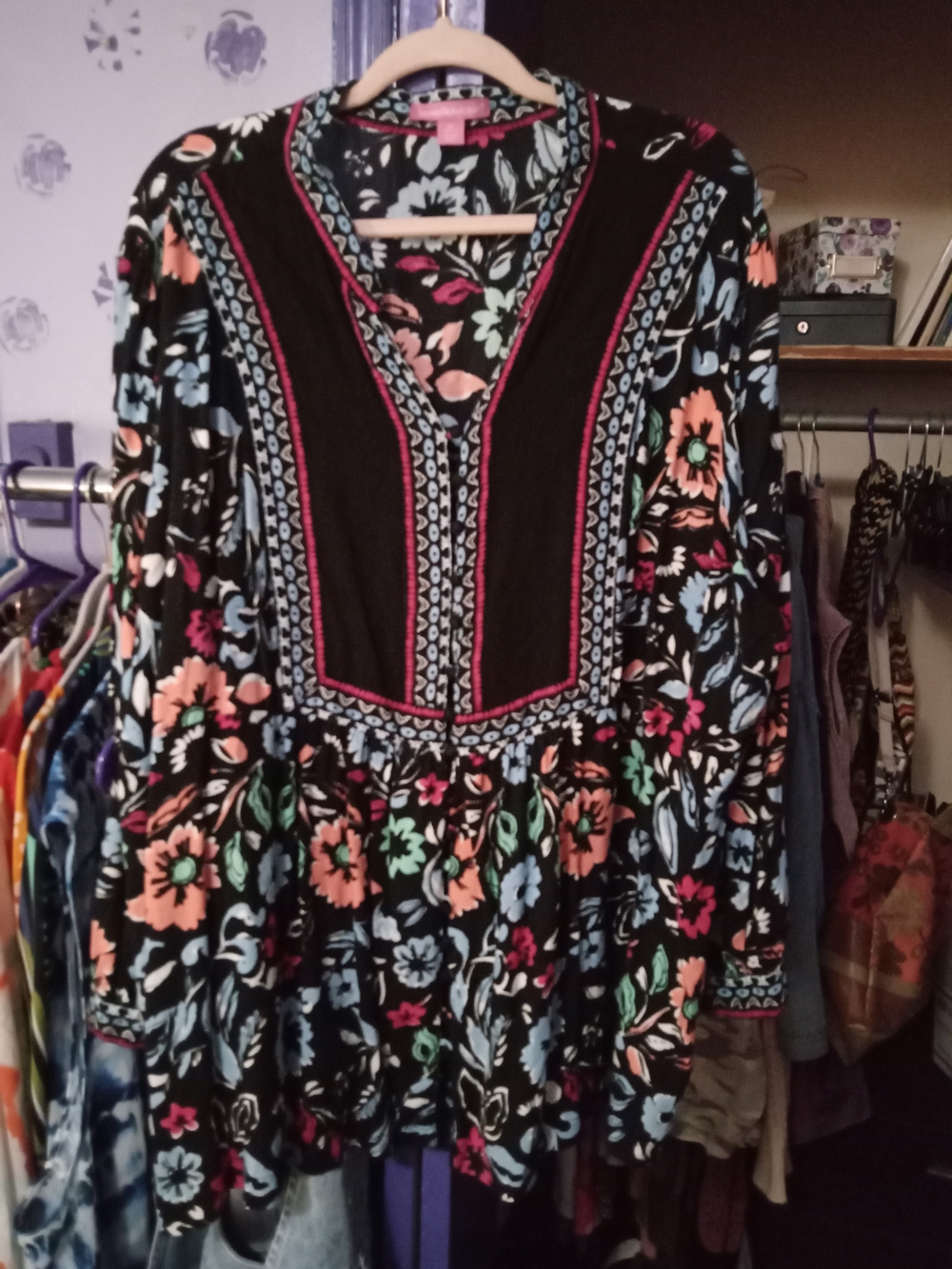 Woman Within Black Boho Floral Long Sleeve Tunic Top